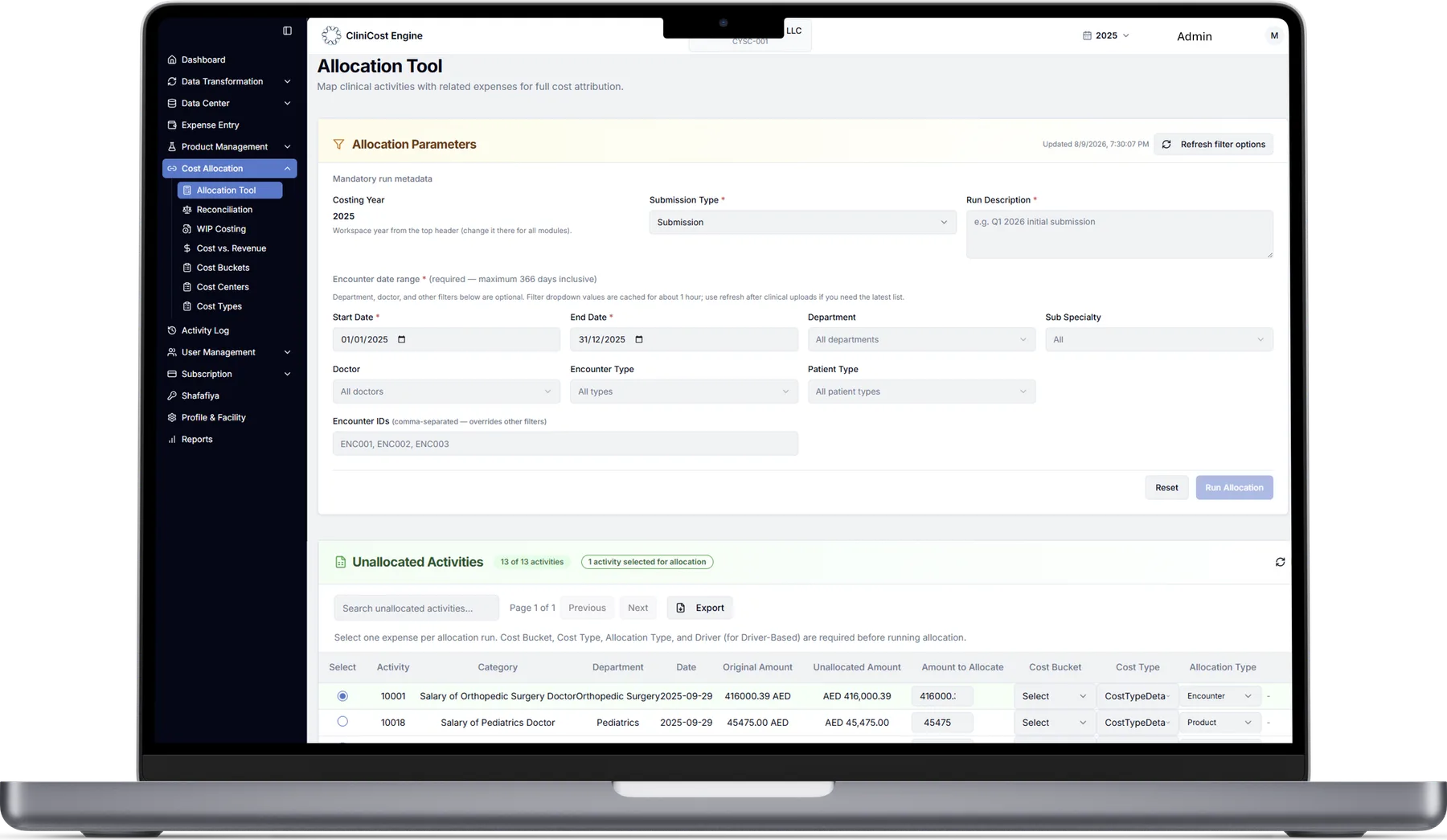 Clinicost Engine — Abu Dhabi clinical costing software showing patient level costing and allocation
