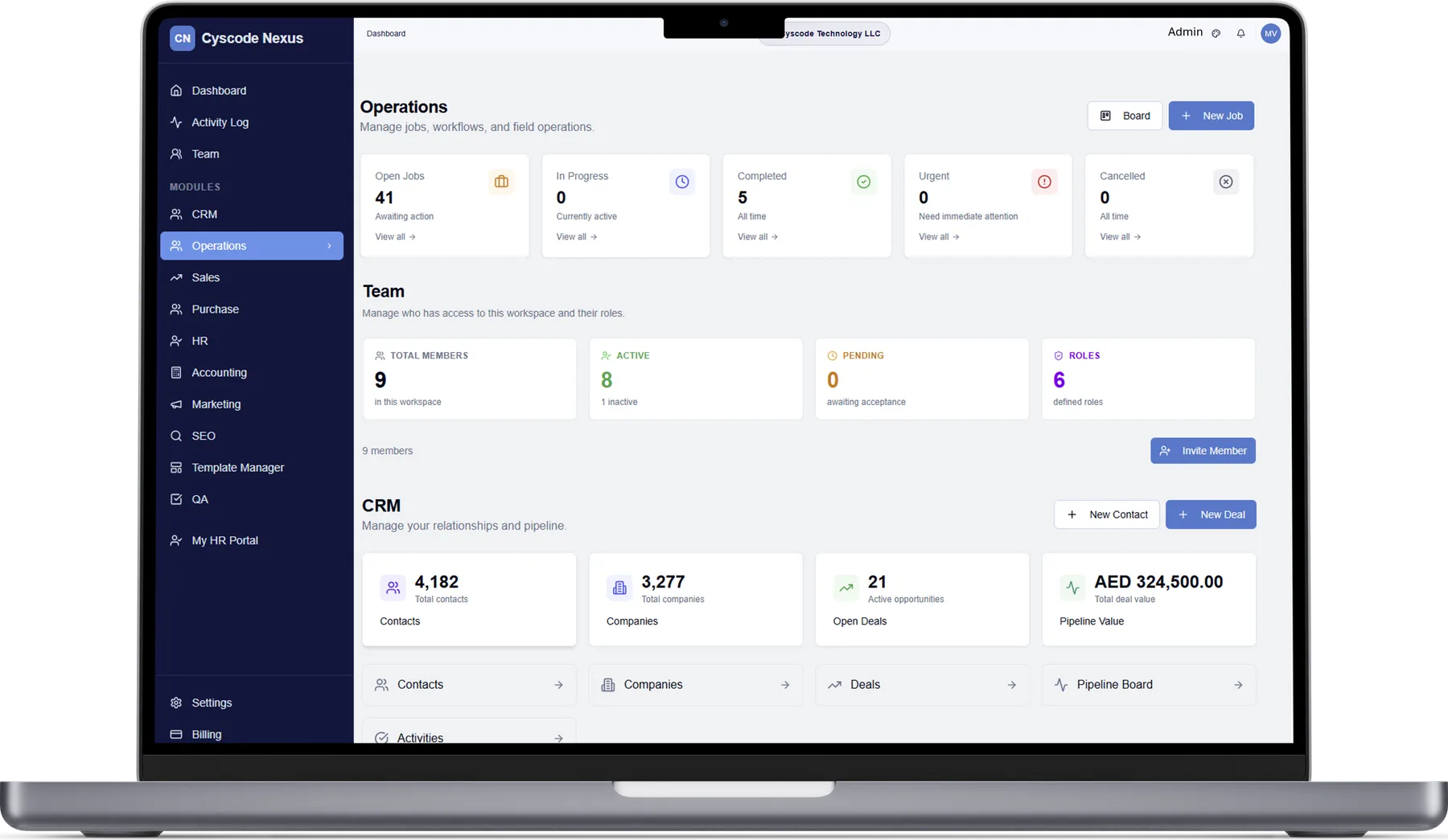 Cyscode Nexus ERP — multi-company business platform showing CRM, accounting and HR modules